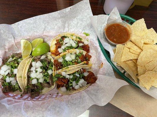 3 Pastor & 2 Beef street tacos for Taco Tuesday $1.45 each (Beef, Pork, Chicken only). Complimentary chips & salsa.