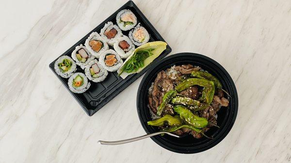 Ginger beef with Shiseido peppers and mixed tray of sushi