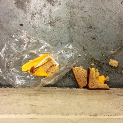 Whole wheat bread American cheese and yellow mustard served on the floor .