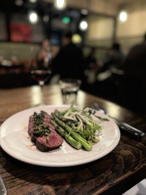 Lamb w/asparagus, artichoke hearts, peas and sauce. 10/10 recommend!