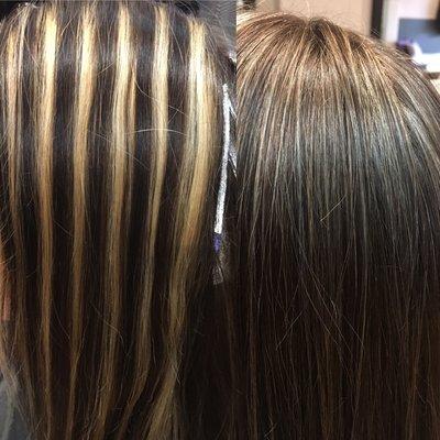 Before - old chunky highlights/lowlights
After - beautiful natural looking babylights