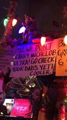 Great signs that set the tone of this bar