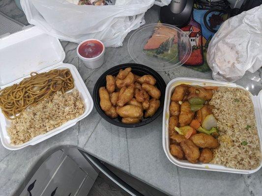 Got the wrong order, but huge portions. Peking chicken on the right. Some sort of chicken on the left.