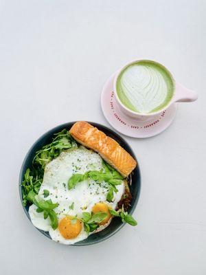 Power Bowl w/ Salmon and Mushroom Matcha Latte