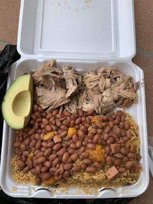 This is what heaven looks like. Arroz  con Gandules, beans and Pernil (pork). With the legit avocado