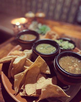 Three Sister Salsas & Guac with Indian fry bread and chips