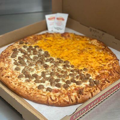 1/2 Cheese and 1/2beef Sausage, creat your own pizza the way you like it