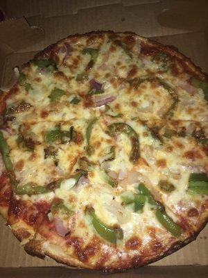 Tasty pepper and onion pizza