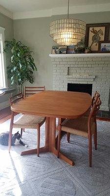 A rad midcentury table, recently restored by Madsen Modern, has taken up residence in my dining room.