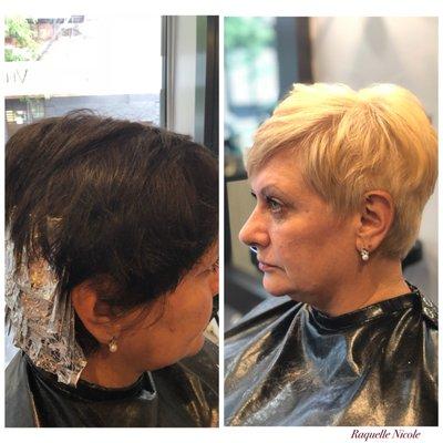 Black box color to blonde in 1 session. *multiple sessions may be required on other clients.