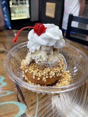 Caramel iced donut with caramel chocolate chip donut ice cream