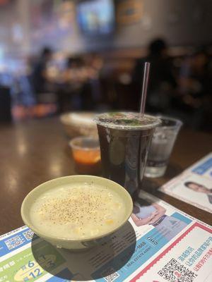 Corn soup and complementary black tea