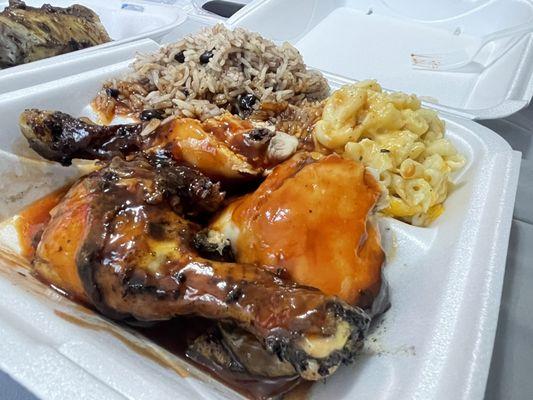 BBQ Jerk Chicken with Macaroni and cheese, rice and beans