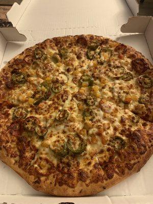 Diced Peach, Jalapenos, and Pepperoni pizza. I was curious to see how it tasted. It was good.