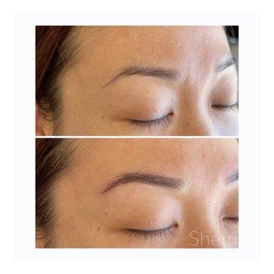 Extremely natural eyebrow tattoo by Sherri. before & after photo taken on the same day!