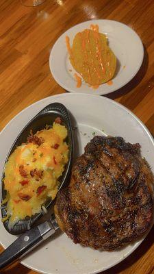 Ribeye and loaded mashed potatoes fried green tomatoes