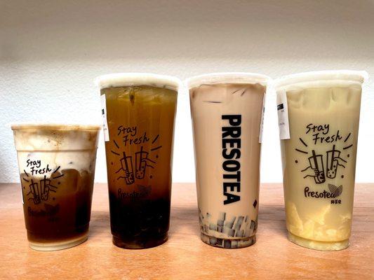 Presotea house coffee, passion fruit green tea w/ black pearl, earl grey milk tea w/ coffee jelly, hojicha milk tea w/ pudding