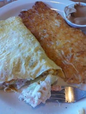 Seafood omelet with hashbrowns