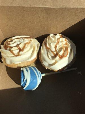 Peanut butter caramel cupcakes--good combo! + chocolate cake pop