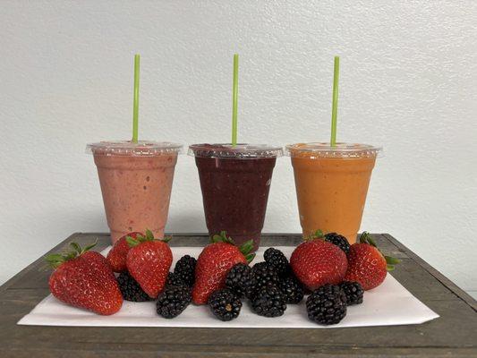 Smoothies - Strawberry Banana Bliss, 3 Berry Blast, and The Caribbean. Fresh & Frosting Fruit (no Syrups used)