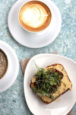 Cappuccino ($4), Black Sesame Latte (12 oz) ($5.25), Hummus Toast ($8)