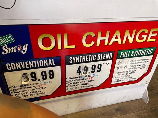 Oil change prices. Updated.