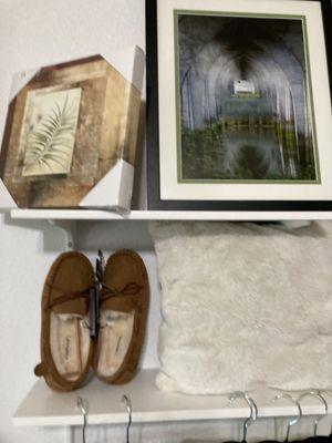 Sheep skin slippers ladies and art pictures and home decor.