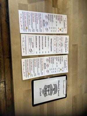 Paper version of menu + specials