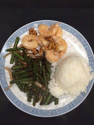 Special: honey walnut prawns with szechuan green beans and rice with soup for $14.50!