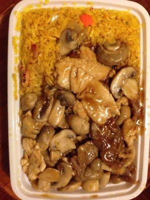 Chicken and beef with mushrooms with fried rice combo platter