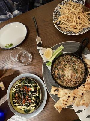 Fried Brussels, spinach and artichoke dip, and French fries