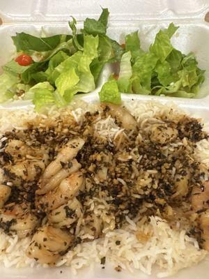 Shrimp plate with rice and salad