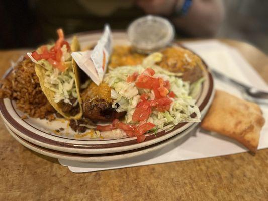 Mexican combo plate with beef taco, chili rellano and cheese enchilada $14.95