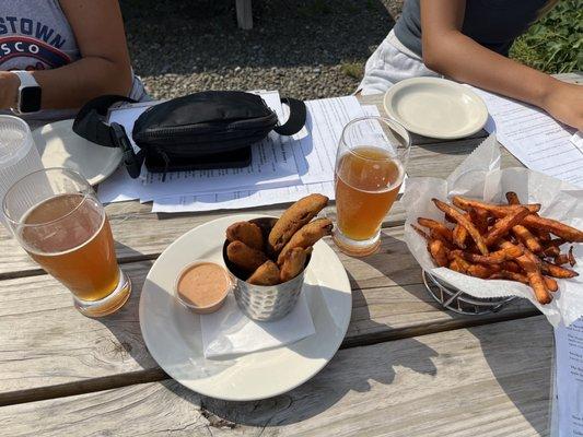 Jalapeño Fried Pickles and Sweet Potato Fries w/Mango Wheat beers. Three great choices!