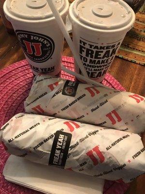 Jimmy John's 8" subs and 30oz sodas