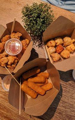 Popcorn chicken, lobster balls, mozzarella cheese sticks