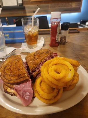 Ruben Sandwich with Onion Rings