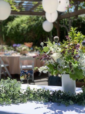 Tables, chairs, linens, dishware and jumbo helium balloons for bridal shower.