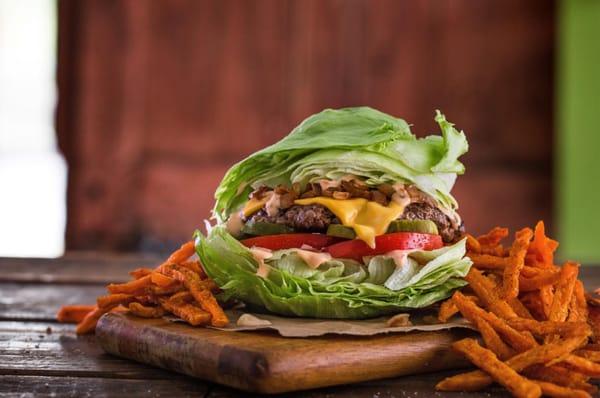 MOOYAH Iceburger with sweet potato fries