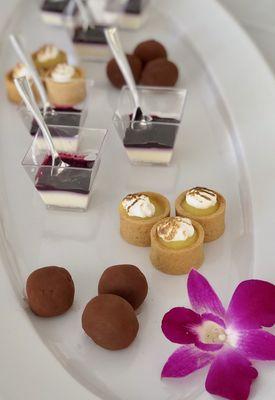 Assortment dessert passed platter, Vanilla Panna Cotta- Blueberry/ mini lemon tart meringue/ chocolate truffles