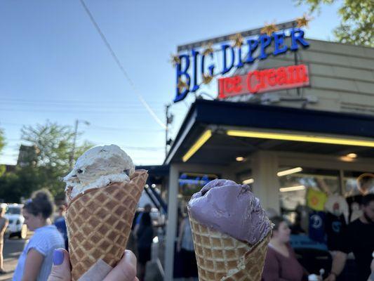 Cookie dough and huckleberry ice cream