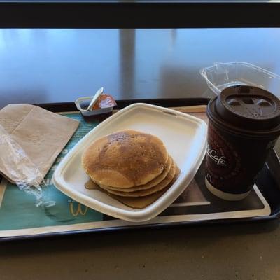 3 hot cakes with medium coffee..and the service is fast coz its breakfast or brakefast