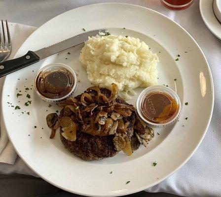 Sirloin Patted Steak w/caramelized onions, sautéed mushrooms & homemade gravy.