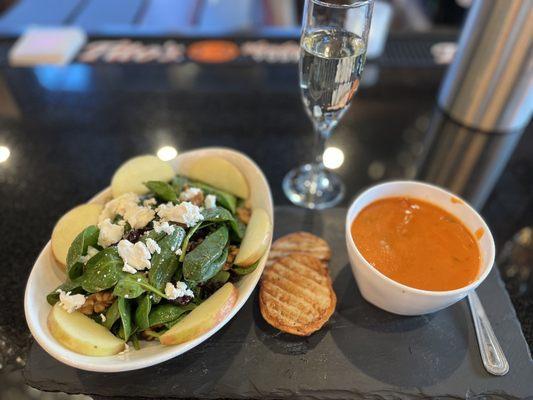 Spinach salad, tomato soup and Prosecco.