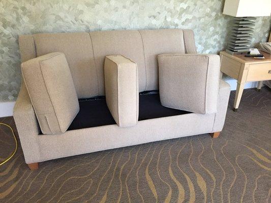 1 of many sofas and guest rooms/ suites we cleaned at our Corp account the Marriott le merigot Santa Monica .