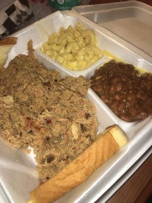 Pulled pork plate with mac and cheese and baked beans.