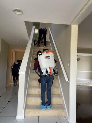 Cleaning the stairs that has many stains