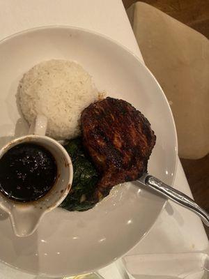 Teriyaki Glazed bone in Pork chop with spinach and rice. -chef special