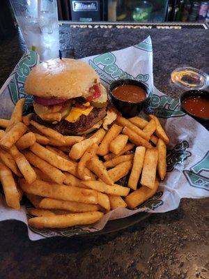 Pub Cheeseburger, with grilled onions and pickles