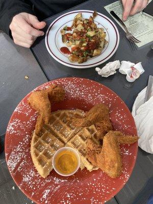 Chicken and waffles and side of Home Fries